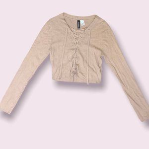 Divided Lace-Up Long Sleeve Shirt Light Pink Size Small